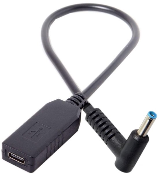 Zwarte USB DC-kabel USB 3.1 Type C met 4.5x3.0mm connector.