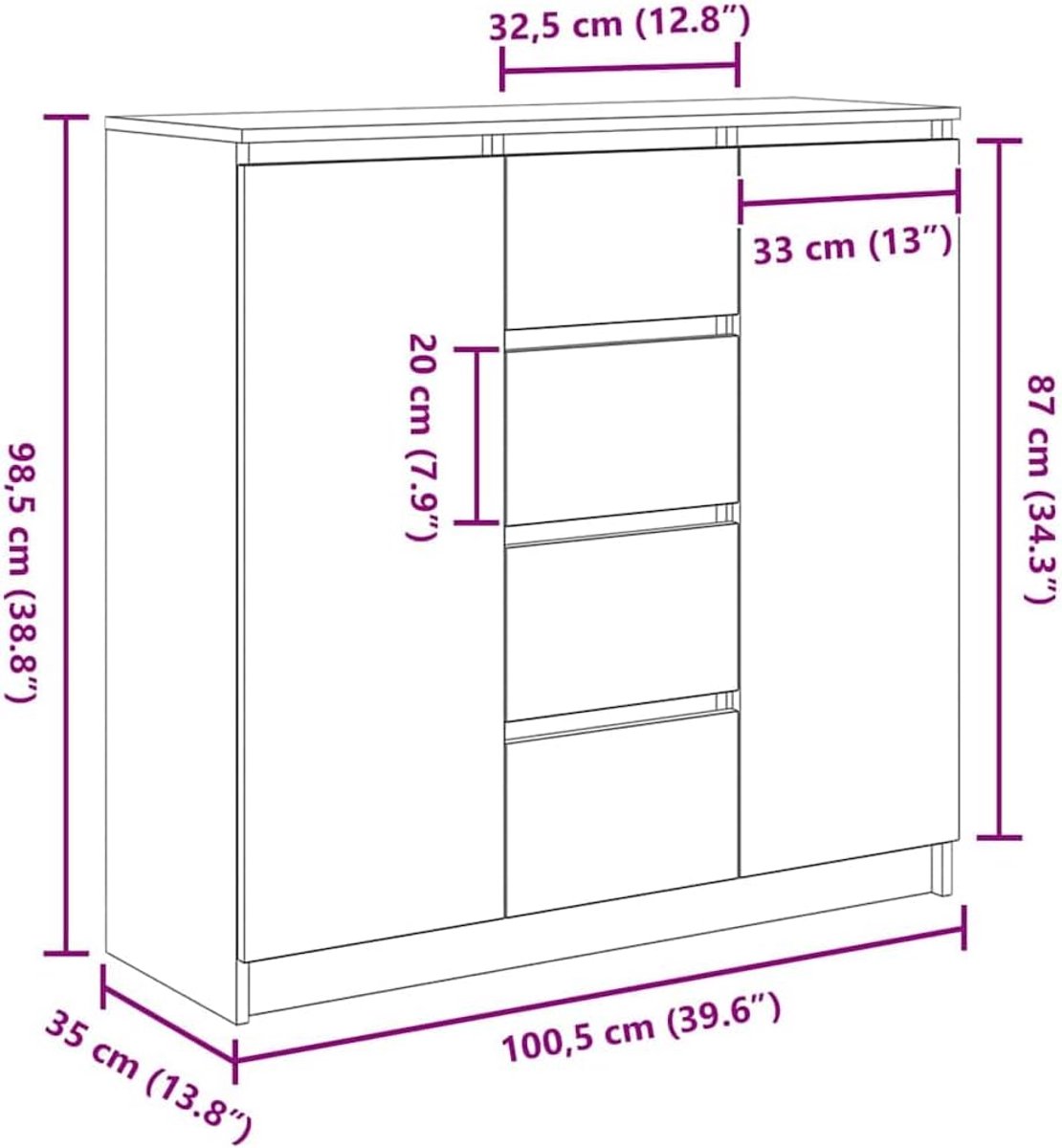 Dressoir met Lades en Deuren – HomeByNicole Opbergkast 100,5 cm Rookeiken – Commode Kast met Planken – Moderne Woonkamer, Hal en Keuken Kast – Multifunctioneel Opbergmeubel
