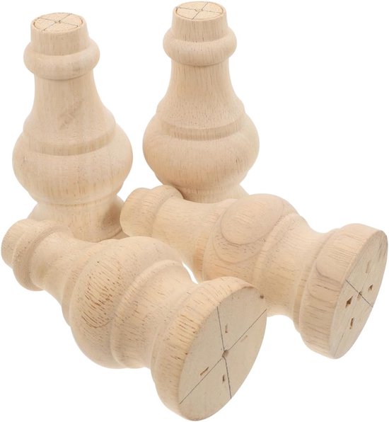 Vier onbehandelde houten meubelpoten met bolvormige details.