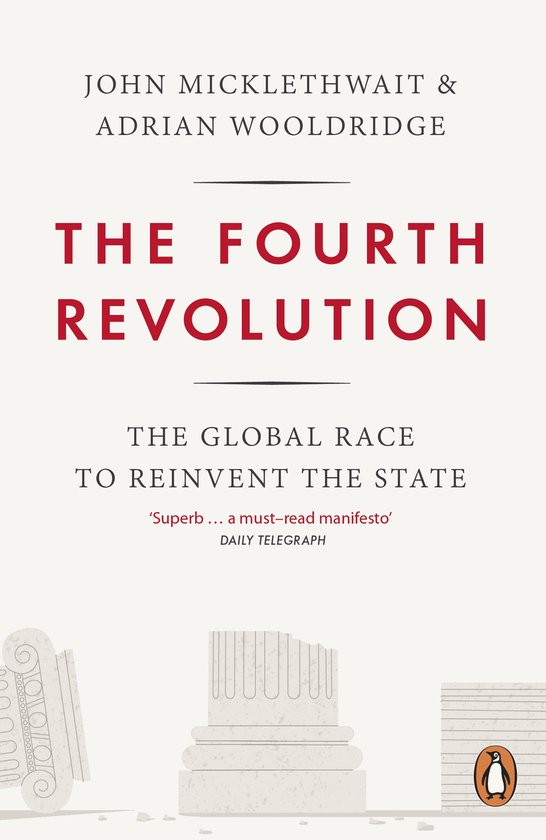 Livre 'The Fourth Revolution: The Global Race to Reinvent the State' avec texte et illustrations de colonnes romaines.