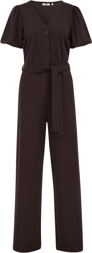 Combinaison marron foncé avec manches courtes bouffantes, col en V, boutons et ceinture à nouer. Sans modèle.
