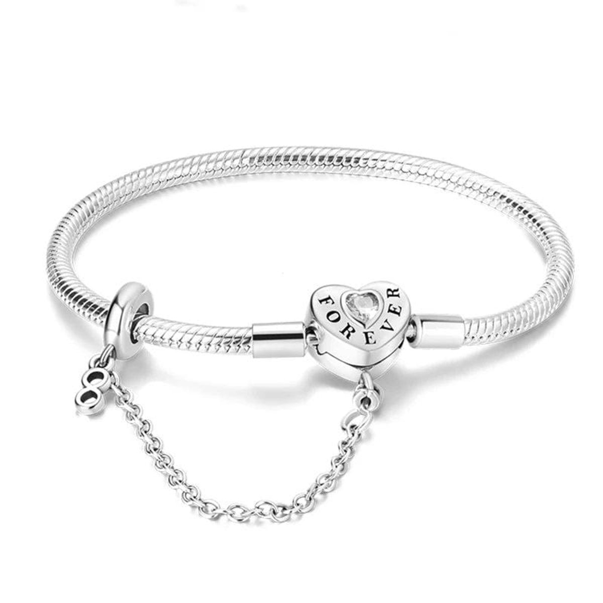 Fler® | Bedelarmband met Hartslot ‘Forever’ & Veiligheidsketting | Zilveren armband | 925 sterling zilver | geschikt voor alle populaire bedel collecties (standaard - 3mm) | Vlinder sluiting | Elegante dames armband | 18cm | Valentijnsdag Cadeau