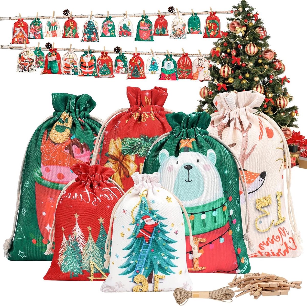 Vul je eigen Adventskalender 2025 - 24 Stuks Stoffen Zakjes voor Kerst, Inclusief Houten Klemmen en Touw voor Snoep, Chocolade en Kleine Cadeaus