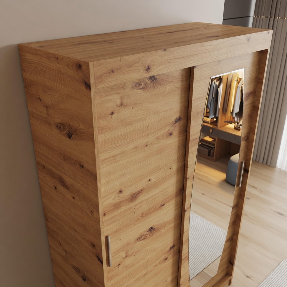 Kledingkast met Schuifdeuren en Spiegel 120 cm – Arqam ROSSA Garderobekast 200 cm Hoog x 62 cm Diep – 2-Deurs Kast met Kledingstang & Legplanken – Gelamineerd Hout Artisan Eiken Look – Moderne Slaapkamer Kast