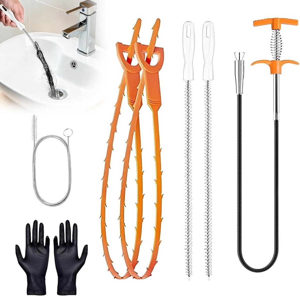 Effectieve Afvoerreinigingsspiralen, 7-delige set voor verstoppingen, inclusief handschoenen en haarvanger, ideaal voor keuken en badkamer