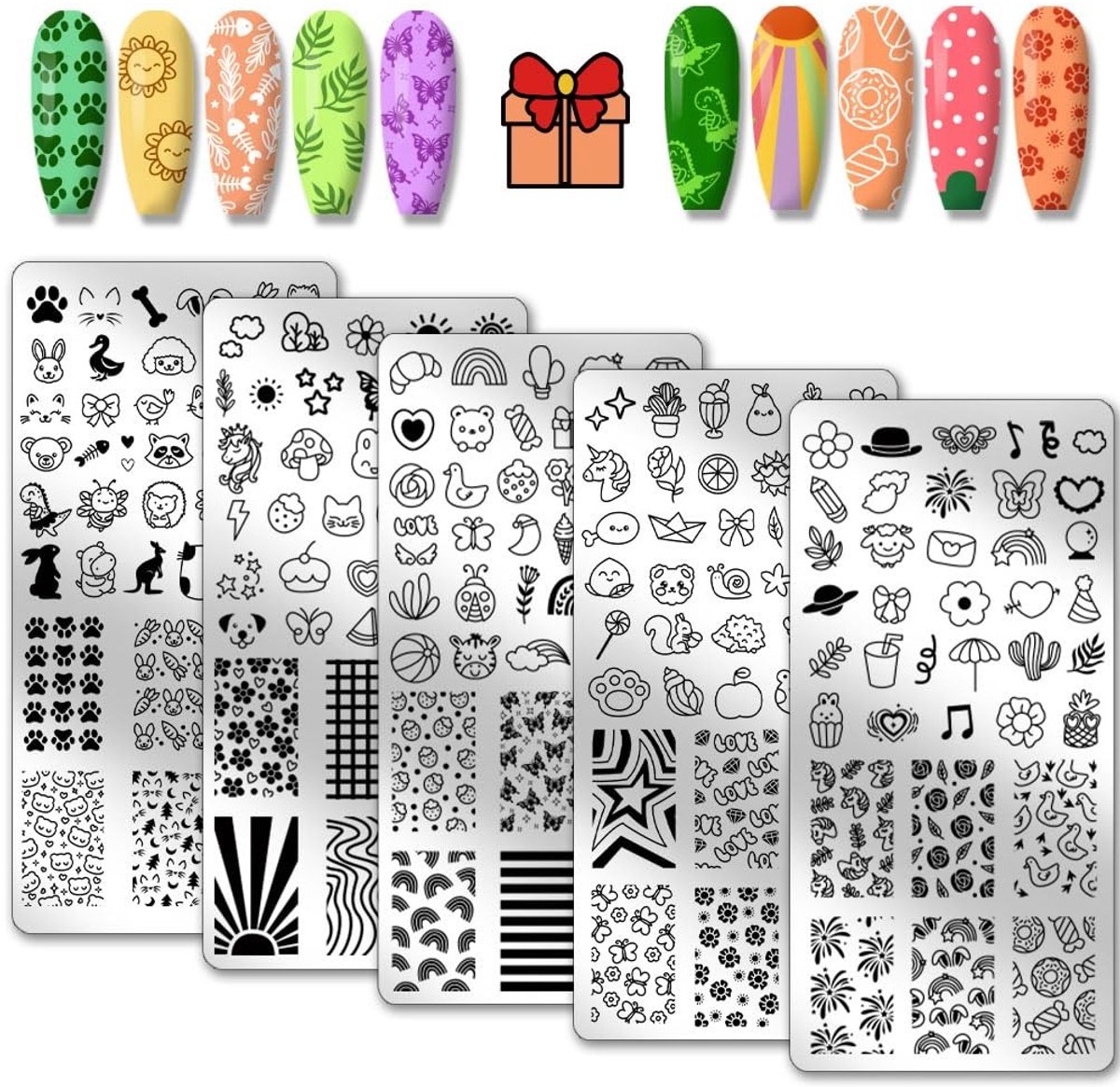 Allecto - Cartoon Nail Stamping Plates - Schattige Dieren - Creatieve Nail Art Templates - 5 Stuks - Insecten en Fruit - Geschikt voor Manicure - S...