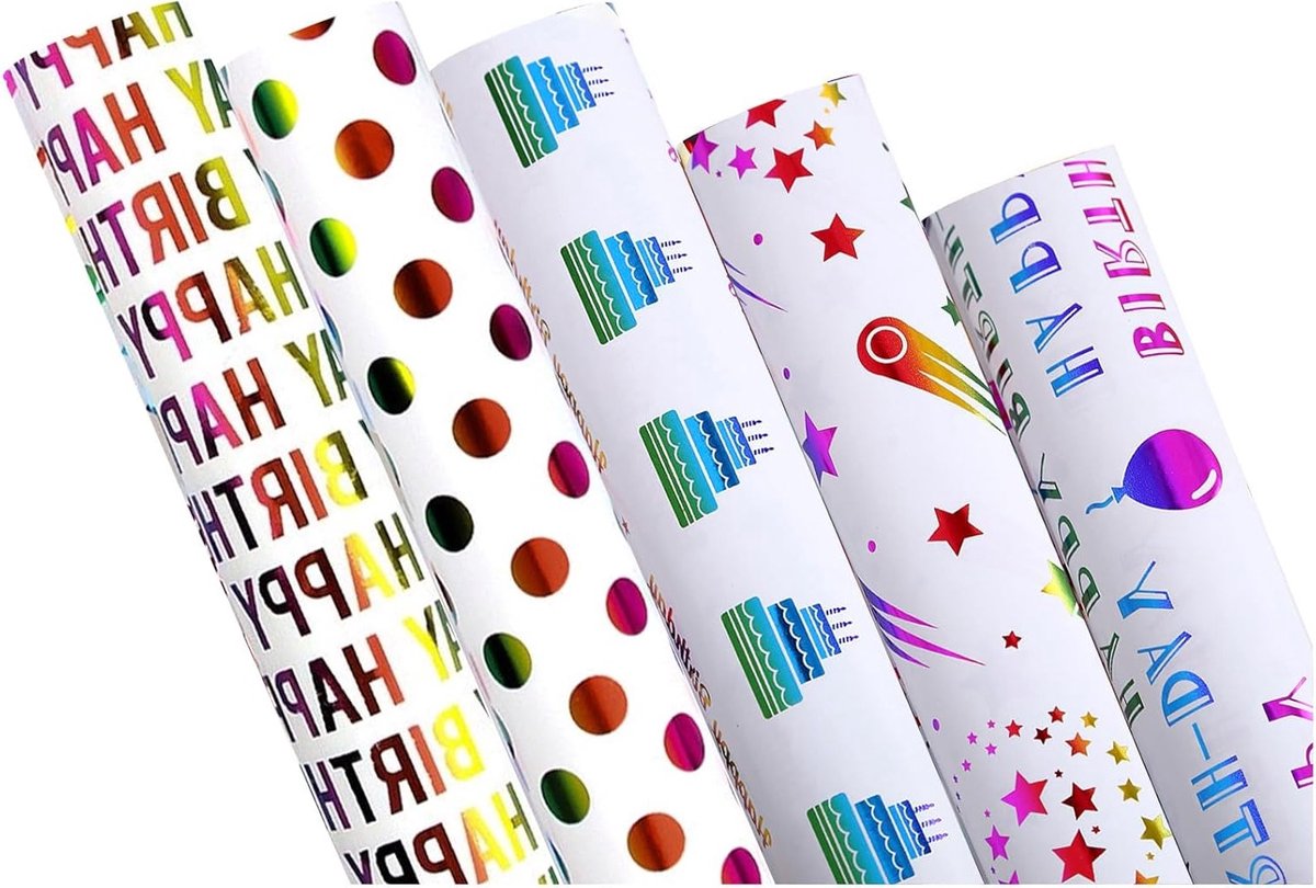 Vijf Vellen Kleurrijk Verjaardagscadeaupapier voor Feestjes, Babyshowers en Vakanties, 50cm x 70cm, Geschikt voor Jongens en Meisjes