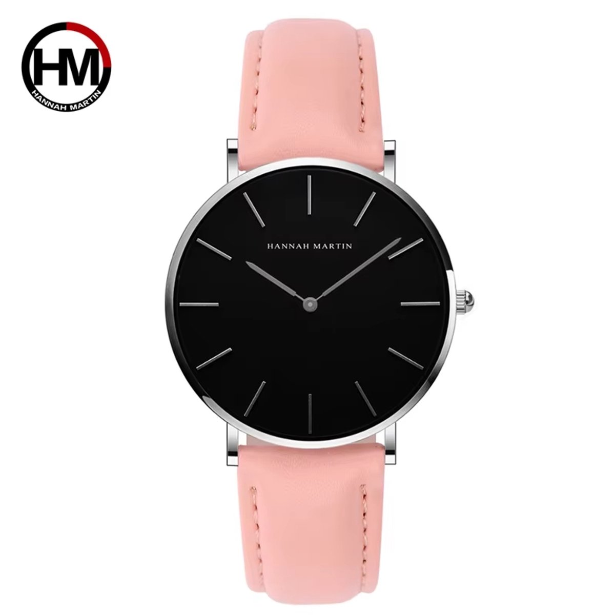 HANNAH MARTIN horloge met roze lederen polsband, zwarte wijzerplaat, zilveren horlogekast en zilveren wijzers voor dames met stijl ( model CH36 YF )