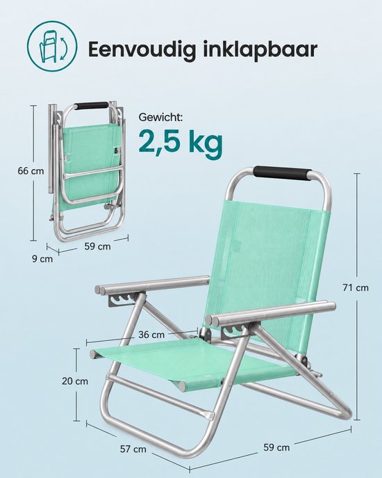 Delightness Strandstoel - Opvouwbaar - 4 Standen Verstelbaar - Strand - Buiten - Laag Zitje - Relaxstoeltje - 57x59x71cm - Groen — afbeelding 2