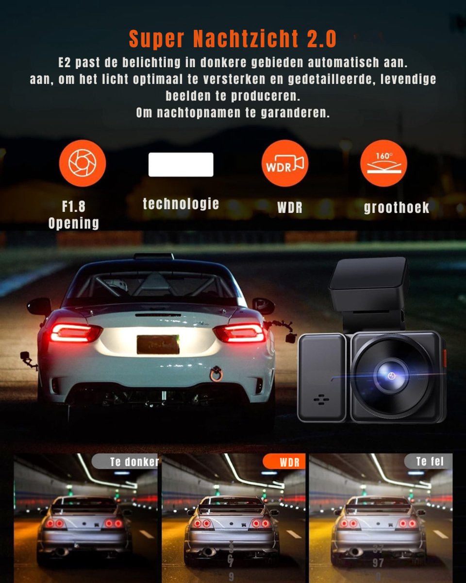 YOR® Dual Dashcam - Voor en Achter Camera – Auto Camera Met Nachtzicht – Zwart - 14cm x 15cm x 11cm – foto 2