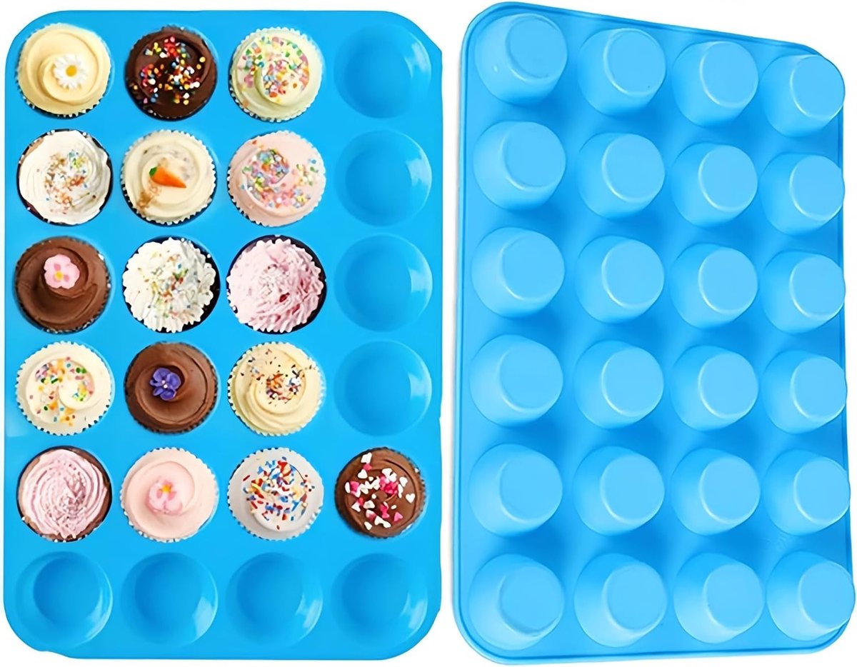 Siliconen Muffinvorm - Siliconen Bakvorm - Muffin Bakvorm Siliconen – Siliconen Cupcake Vormpjes - Muffin Bakblik – Muffin Bakplaat – 24 Vormpjes – Lichtblauw – foto 2