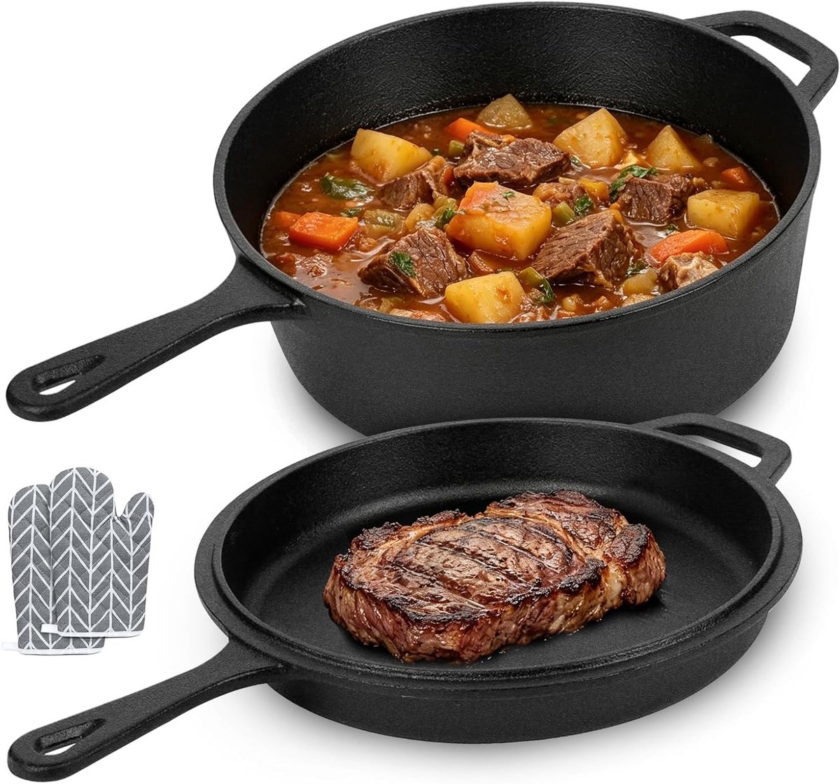 Gietijzeren pannenset 2-in-1, 4,5 l en 1,5 l, ideaal voor braden, smoren en bakken in oven en op alle kookplaten