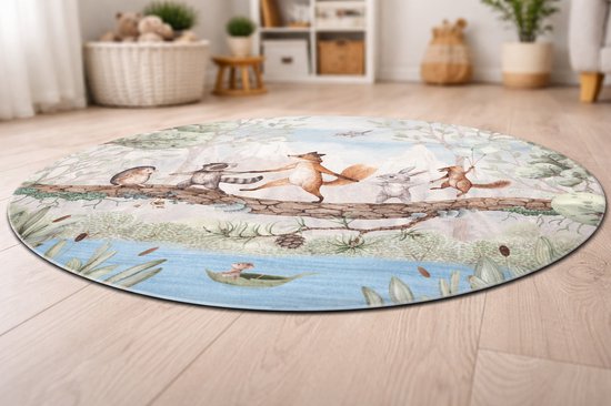 Vinyl Vloermat - Forest Adventure - speelzeil kinderkamer - rond vloerzeil - rond vloervinyl - kinderkamer vinyl - 100 cm