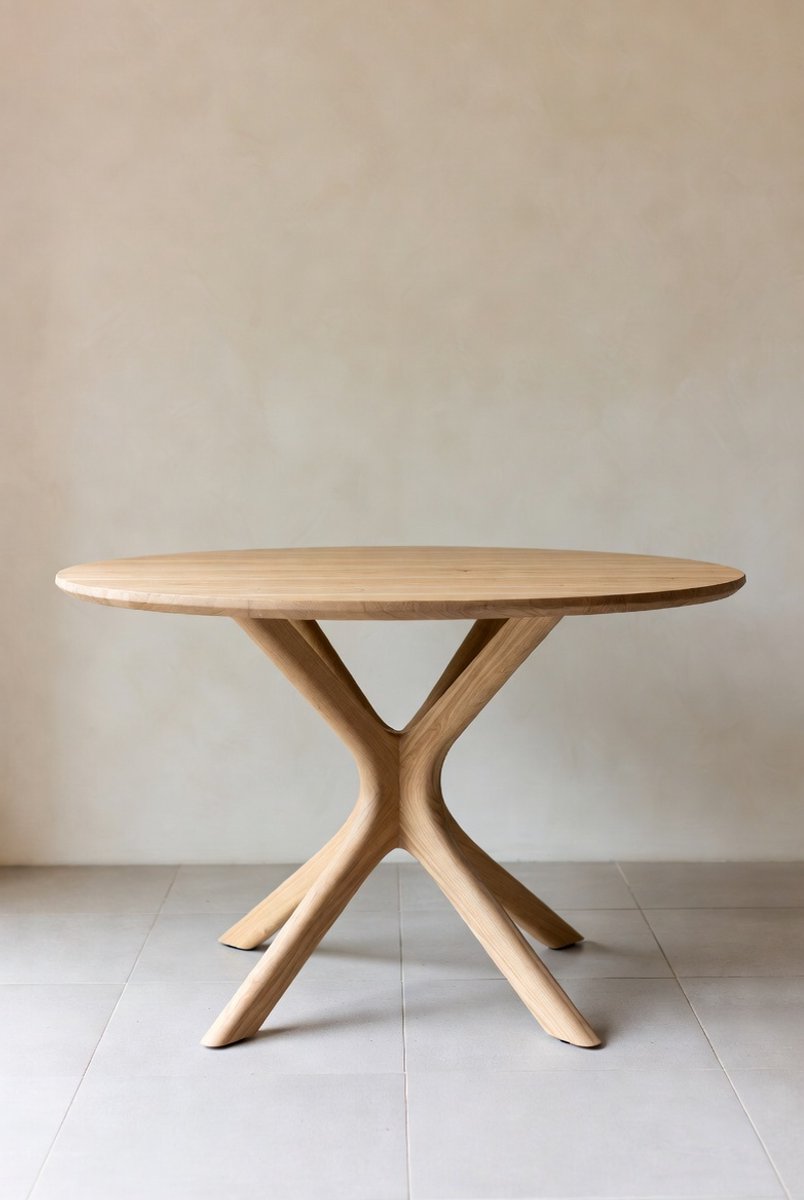Ronde Scandinavische Eettafel 90 cm – Compacte Houten Design Tafel in Asgrijs met Massief Houten Poten – Moderne Kleine Eettafel voor Keuken & Woonkamer – Ganeey