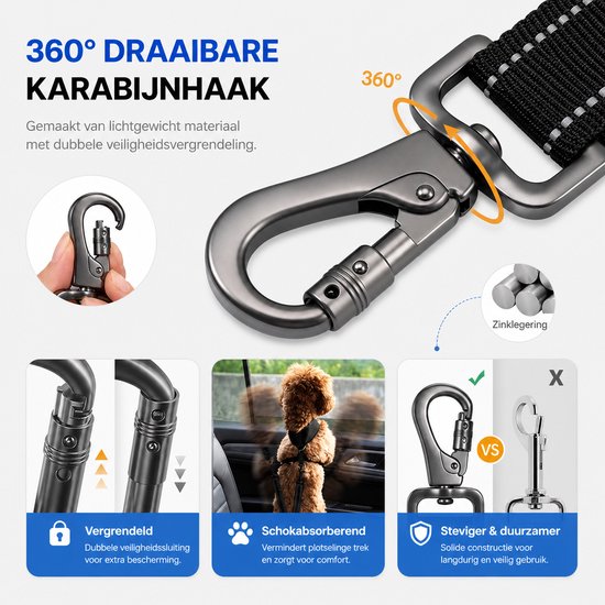 BOTC Ceinture pour Chiens 3 en 1 - Ceinture de sécurité pour chien - Réfléchissante - Ceinture de sécurité pour chien - Ceinture de voiture pour chien - Zwart - Acier inoxydable