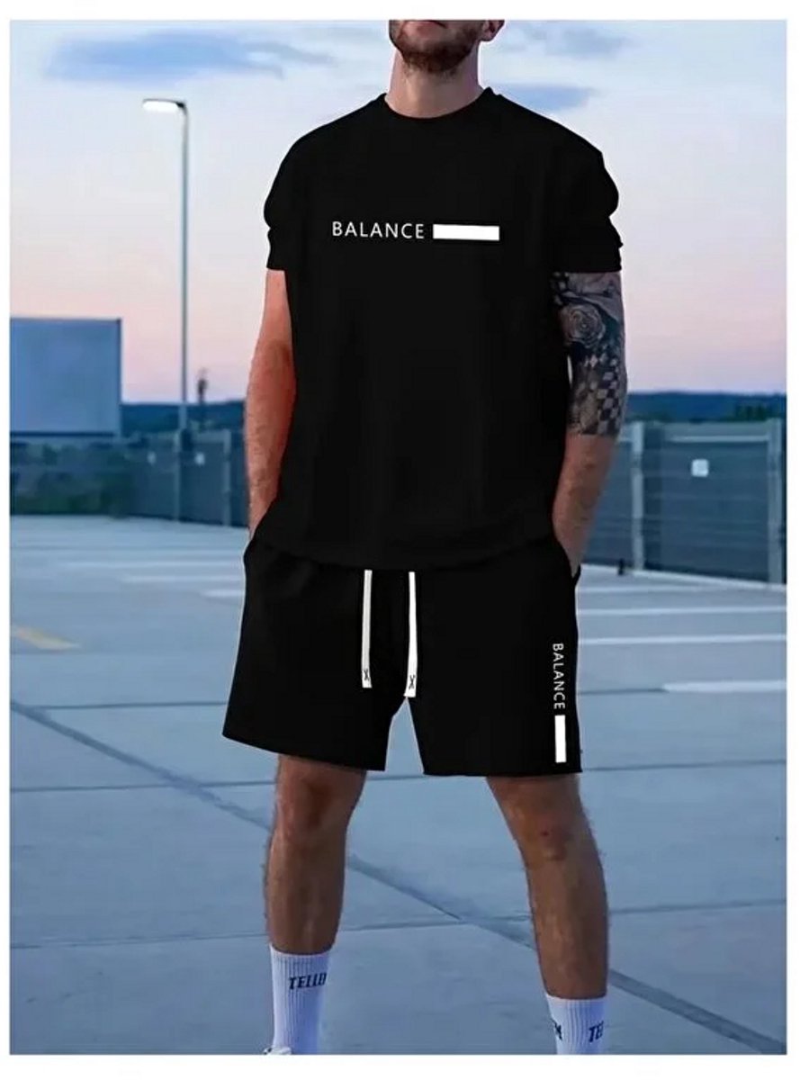 Stijlvol Casual Heren Set Korte Mouw T-shirt en Shorts met BALANCE Print Comfortabele Zomeroutfit -XL Zwart