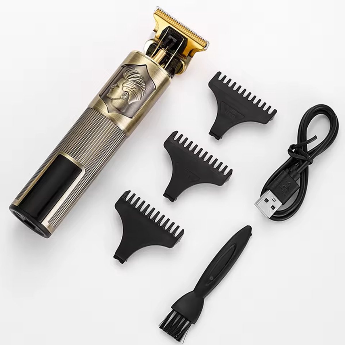 Digitale Vintage T-9 Tondeuse - 3 modi's/standen + Turbostand - Verchroomd Metaal Behuizing - Usb Oplaadbare Trimmer voor Gezichtshaar, Hoofdhaar en Lichaamshaar - Digitale Batterij Indicator - Kleur: Goudachtig