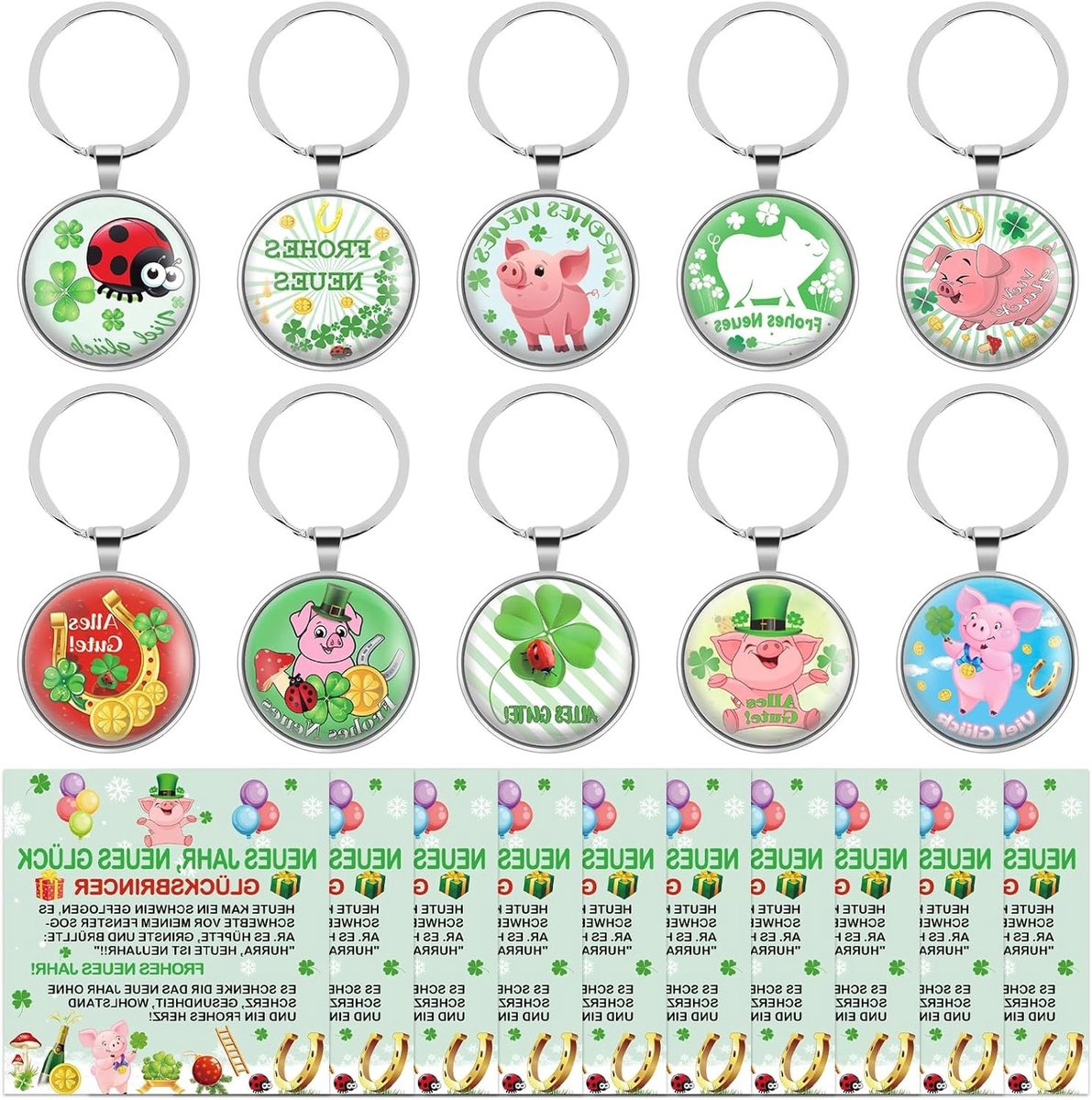 10 geluksamuletjes en 10 nieuwjaarskaarten, geluksfiguren, vierbladige klaver, cadeau voor het nieuwe jaar