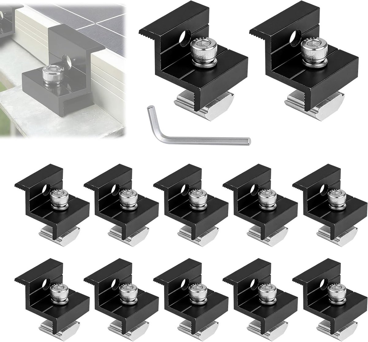 Set van 12 T-Klemmen voor 30-35 mm Zonnepanelen, Bevestigingsclips voor Fotovoltaïsche Modules, Aluminium Montage op Platte of Hellende Daken, Zwart