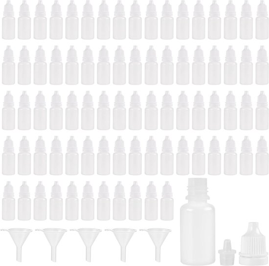 100 stuks 10 ml plastic druppelflesjes, doorzichtige knijpbare flessen met doppen en 5...