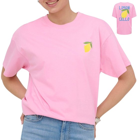 Roze t-shirt met korte mouwen, ronde hals en kleine citroenprint op de linkerborst. Extra afbeelding toont de rug.