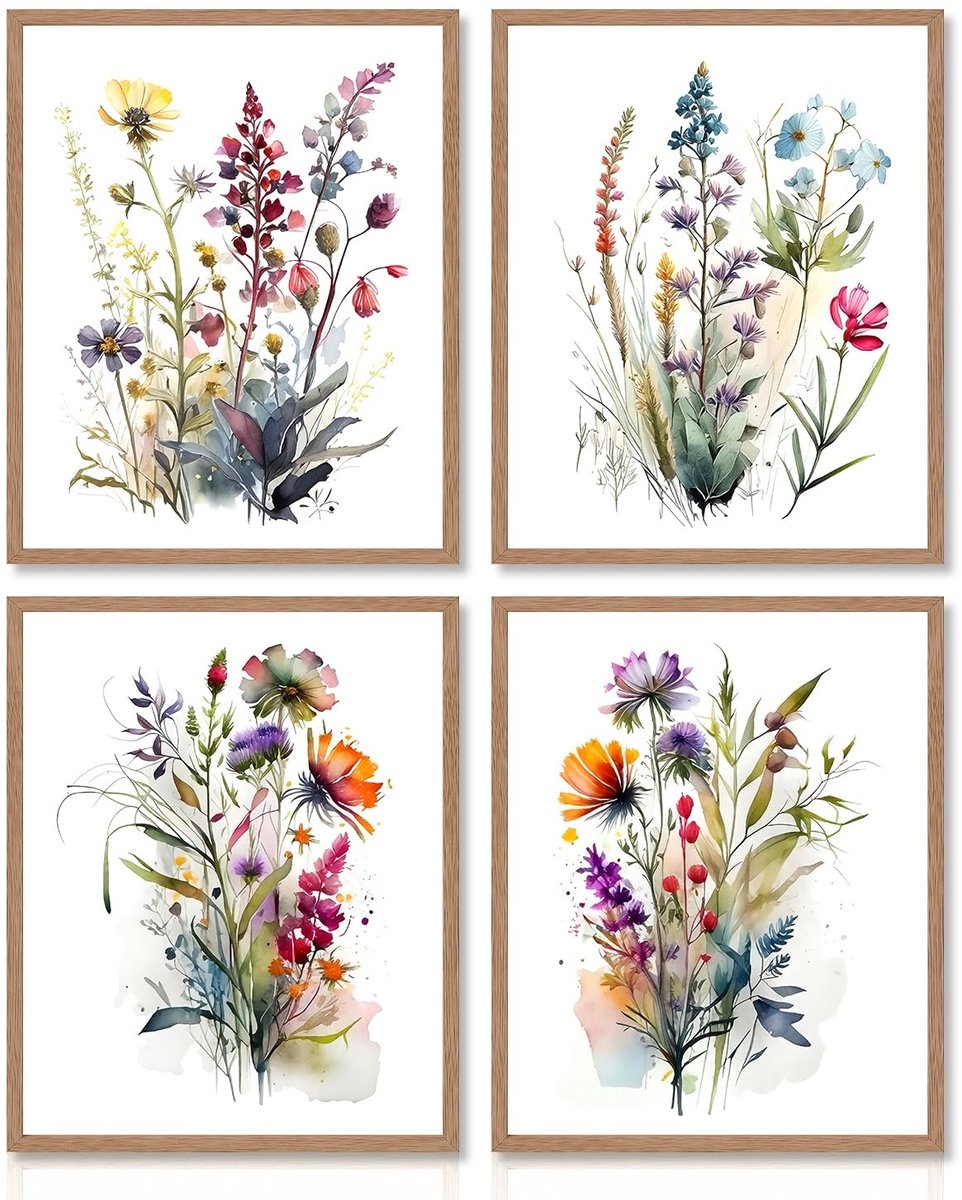 Allecto - Waterverf Canvas Wanddecoratie - Kleurrijke Bloemen - Minimalistische Muurdecoratie - 8x10 inch - Perfect voor Slaapkamer en Woonkamer