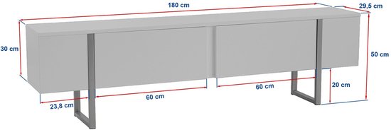 Technische tekening van een wit tv-meubel met afmetingen.