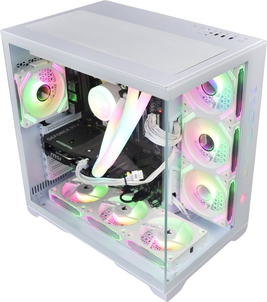 Witte pc-behuizing met glazen zijkant, verlichte ventilatoren en kabels in regenboogkleuren. MSI RTX 5070 grafische kaart zichtbaar.