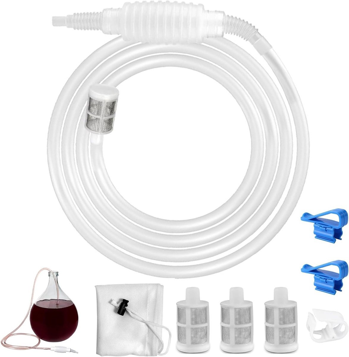 Sifonbuis van siliconen 2,5m - wijnheffer - vulslang - herbruikbare sifonslangfilter - filterzak - waterstopclip - pompfilter - bevestigingsklem - wijn/bier - thuisbrouwen - transparant
