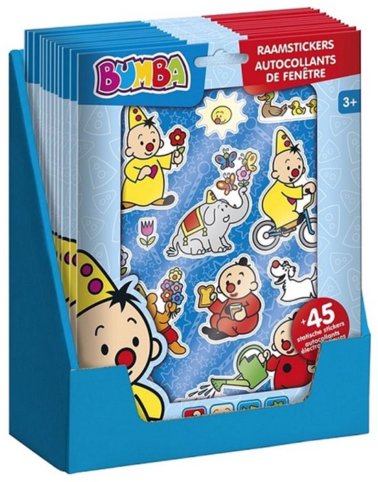 Verpakking Bumba raamstickers met diverse vrolijke figuren zoals clowns, een olifant, een beer en dieren. Inclusief speelachtergrond.