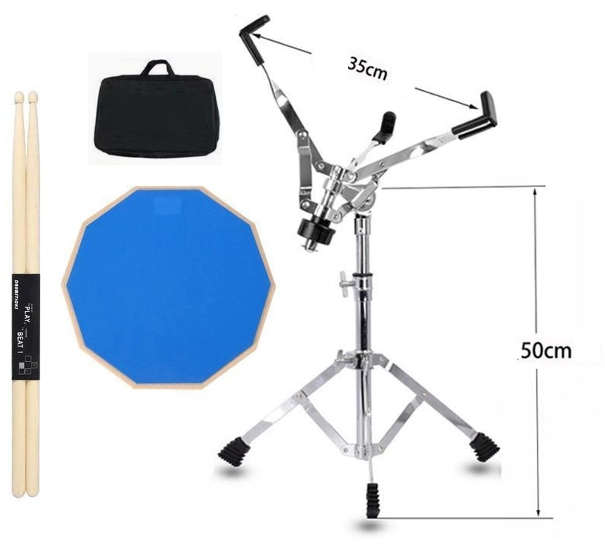 KnobboutMusic United12” Stille Drumset – Blauw, Verstelbare Standaard + Draagtas – Perfect voor Oefenen & Studie