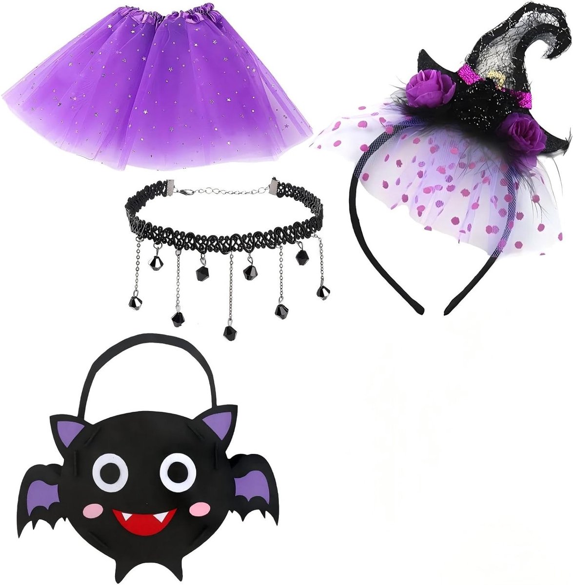 Halloween Hoed voor Meisjes - Compleet Kostuumset met Hoed, Ketting, Tas en Paillettenrok - Ideaal voor Feestjes, Themapartijen en Halloween - 1 Set - Paars