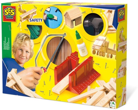 SES Creative – Timmerset Luxe – Montessori speelgoed – hout, hamer, spijkers, lijm, zaag en verstekbak – met veiligheidshand – vanaf 5 jaar
