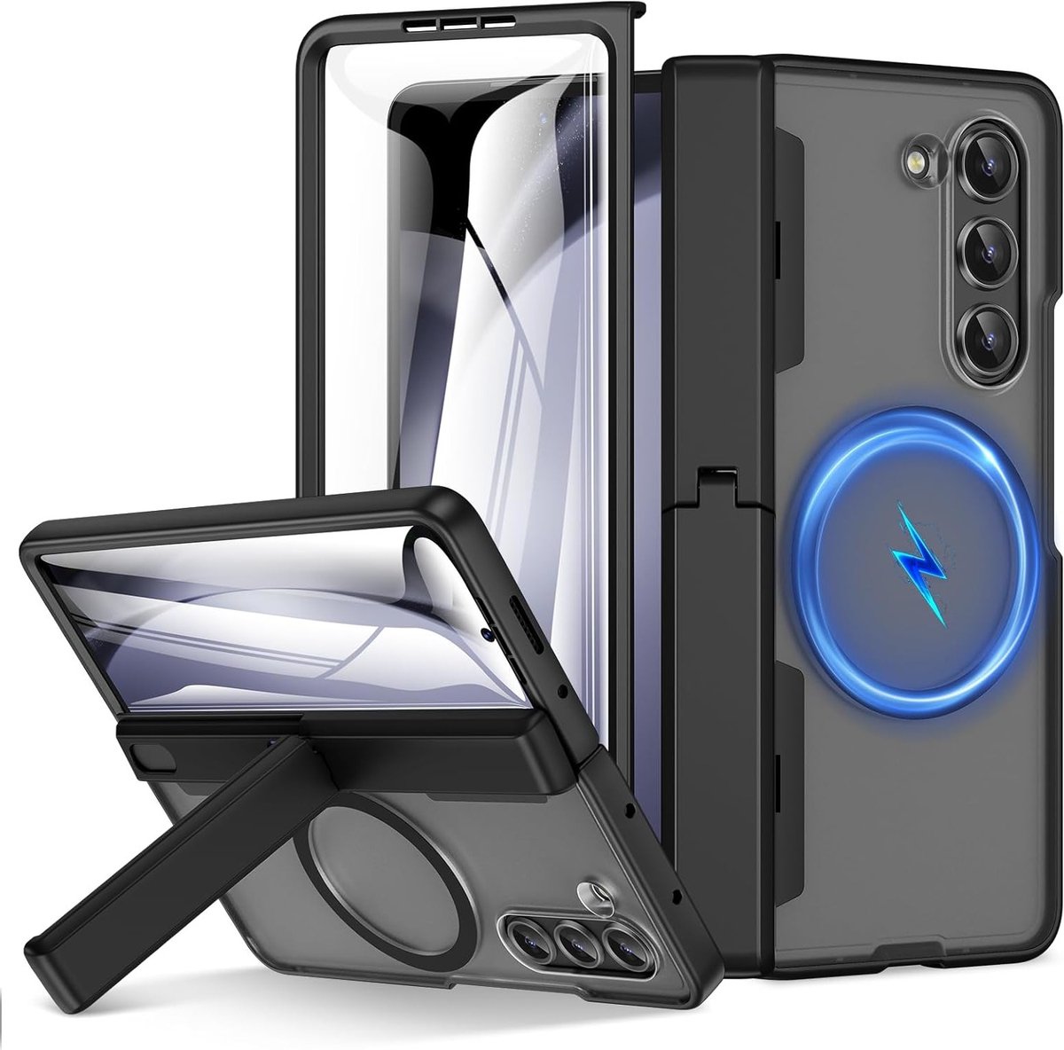 Beschermende Hoes voor Samsung Galaxy Z Fold 5 met Stand, Schermbeschermer en Magneet, Schokbestendig en Duurzaam in Zwart