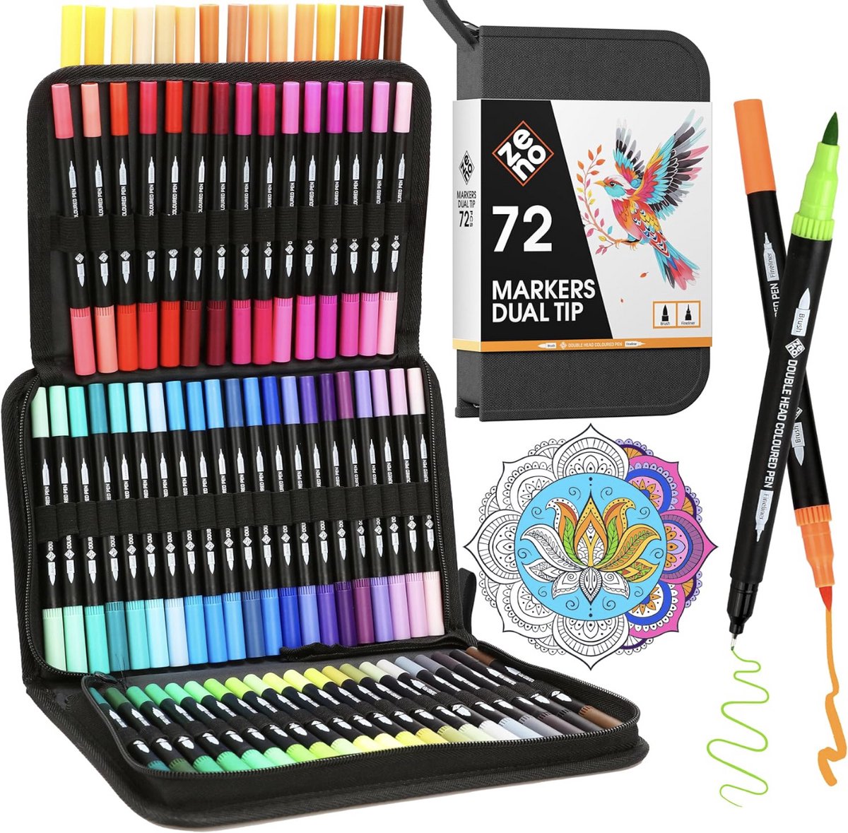 72 Dual Brush Pennen Set met Etui – Dubbele Punt Stiften (Brush en Fine Tip) – Kleurstiften voor Volwassenen – Mandala, Kleurboeken, Handlettering, Bullet Journal en Tekenen