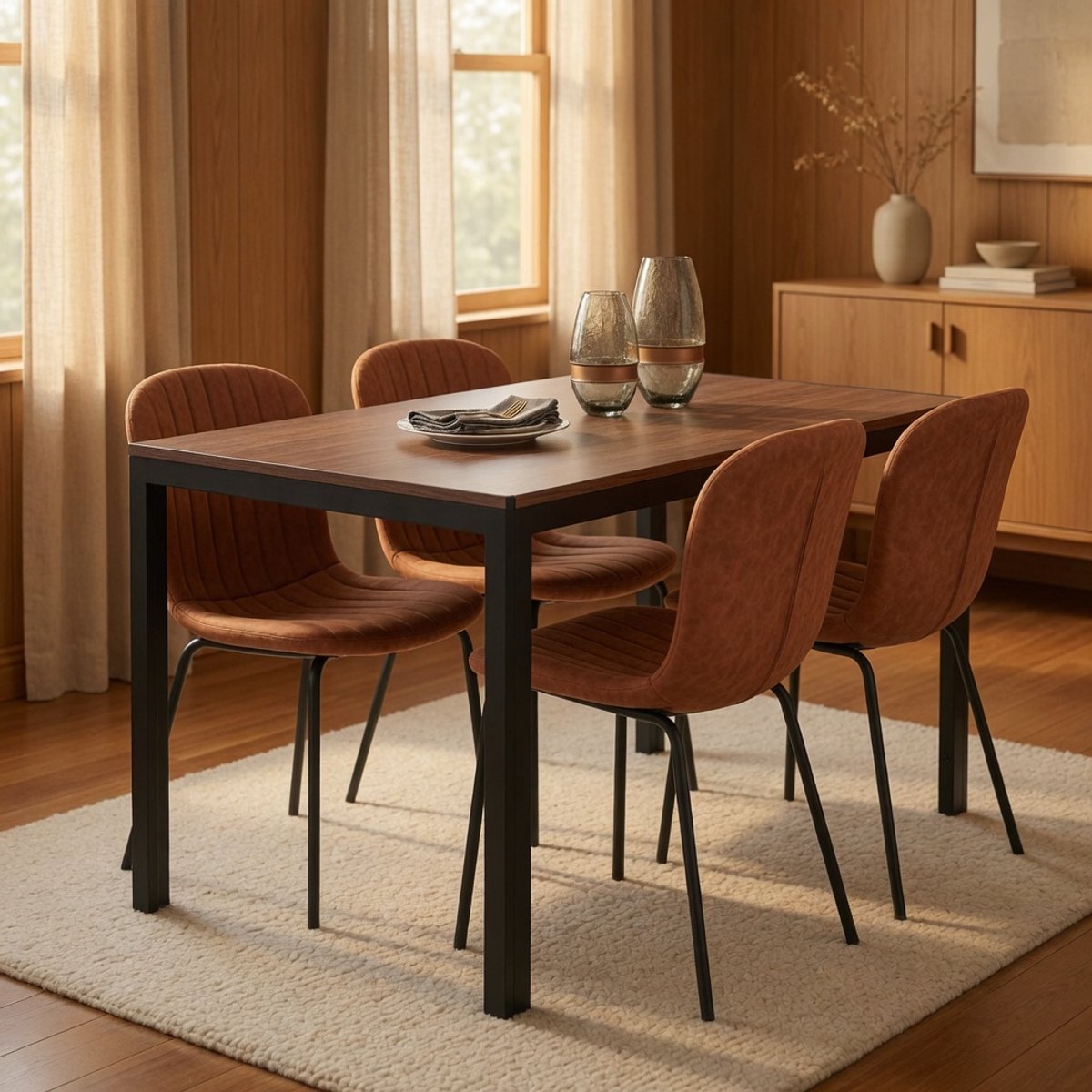 Bruine PU-Leren Eetkamerstoelen Set van 4 – Mid-Century Stijl – Metalen Poten – Met Rugleuning – Voor Eetkamer & Keuken – Ganeey