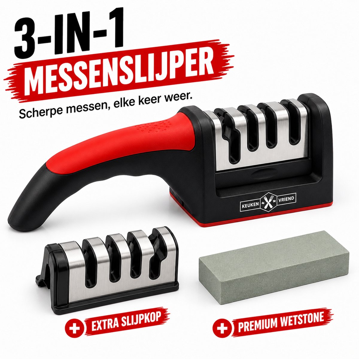 Messenslijper met Wetsteen en extra kop, 4-in-1 Set Knife Sharpener, Slijpsteen voor Messen, Doortrekslijper, Schaarslijper, Rood, Keukenvriend