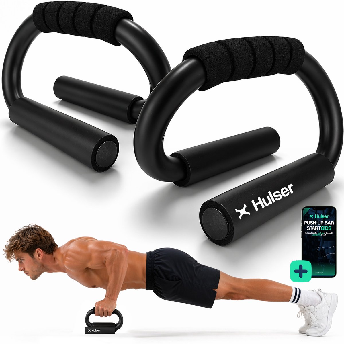 Hulser Opdruksteunen - Metalen Push-up bar - Met startgids - Zwart - Grips - Steun - Parallettes bars - Opdrukken - Calisthenics