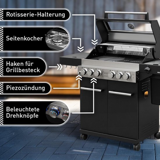 Gasbarbecue 4 Branders 57 x 139,6 x 115,4 cm - Premium Buitenkeuken met Draaispit, Sear Brander, Zijbrander, Achterbrander, Gietijzeren Grillroosters, Thermometer & Kijkvenster - HomebyNicole van Merkloos — afbeelding 4