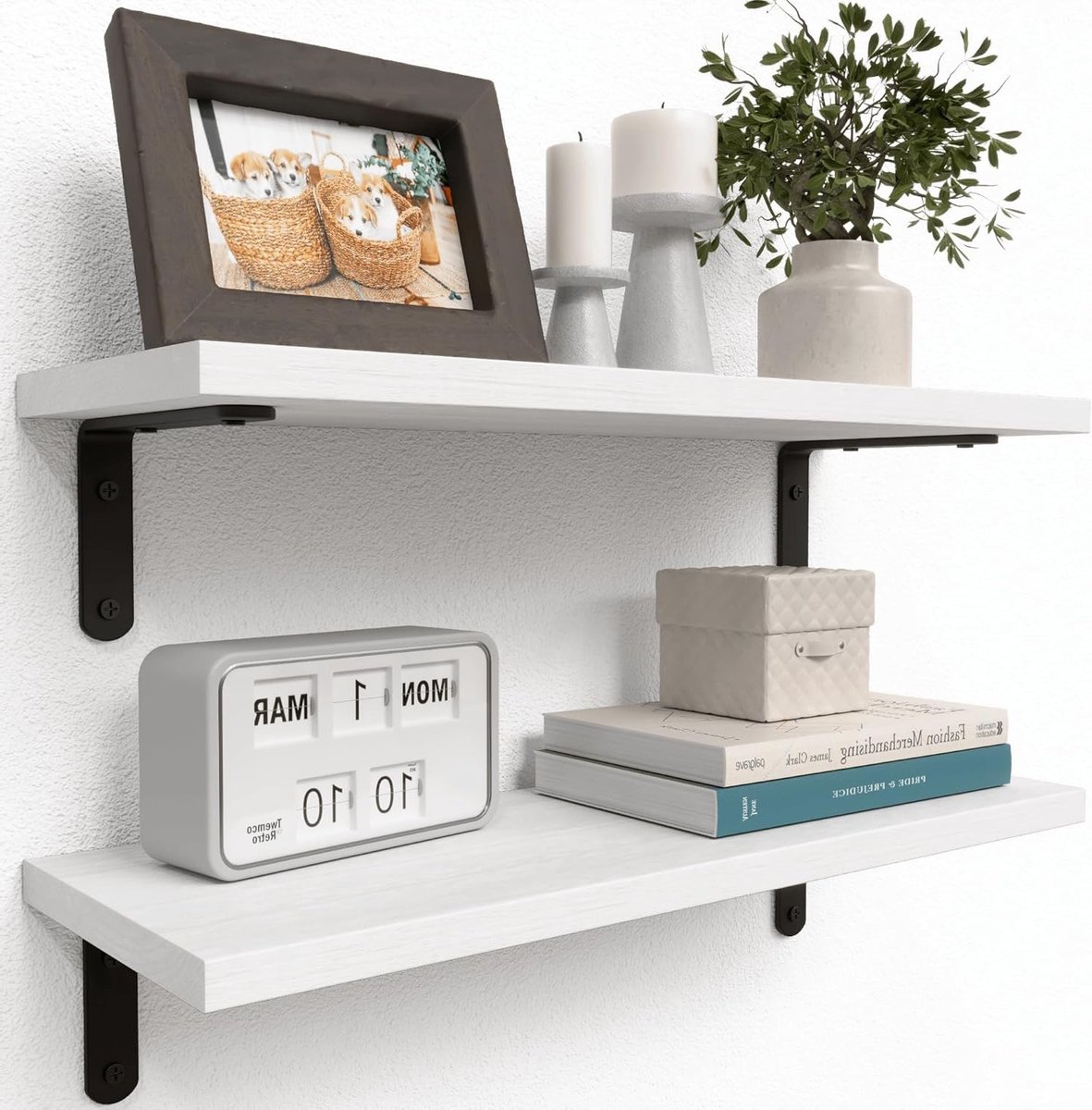 Rustieke Wandplanken van Hout, Set van 2 voor Badkamer en Woonkamer, Decoratieve Planken voor Opslag en Styling in Keuken en Slaapkamer - Wit