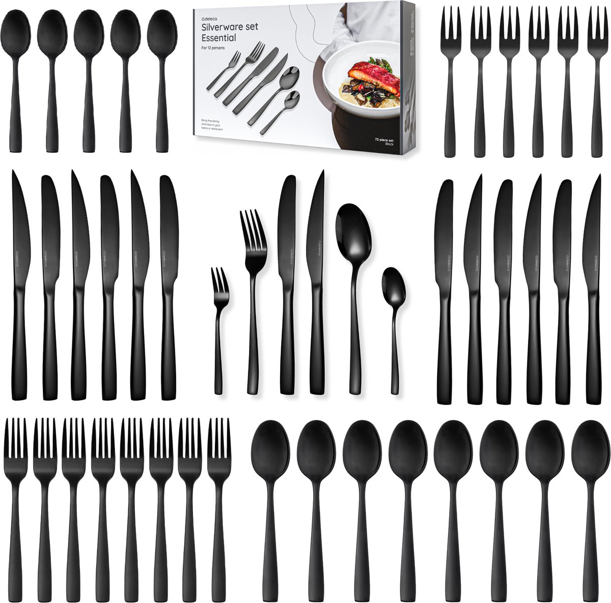Bol.com Deleca 12 Persoons Bestekset Essential (72-delig) - Lepels, Messen, Vorken, Steakmessen & Gebaksvorkjes - Vaatwasserbest... aanbieding