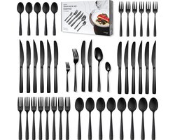 Deleca 12 Persoons Bestekset Essential (72-delig) - Lepels, Messen, Vorken, Steakmessen & Gebaksvorkjes - Vaatwasserbestendig Bestek - Glanzend Zwart / Edelstaal