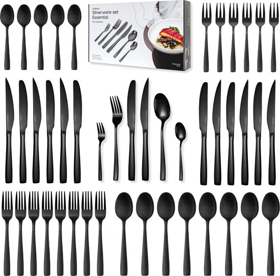 Deleca 12 Persoons Bestekset Essential (72-delig) - Lepels, Messen, Vorken, Steakmessen & Gebaksvorkjes - Vaatwasserbestendig Bestek - Glanzend Zwart / Edelstaal