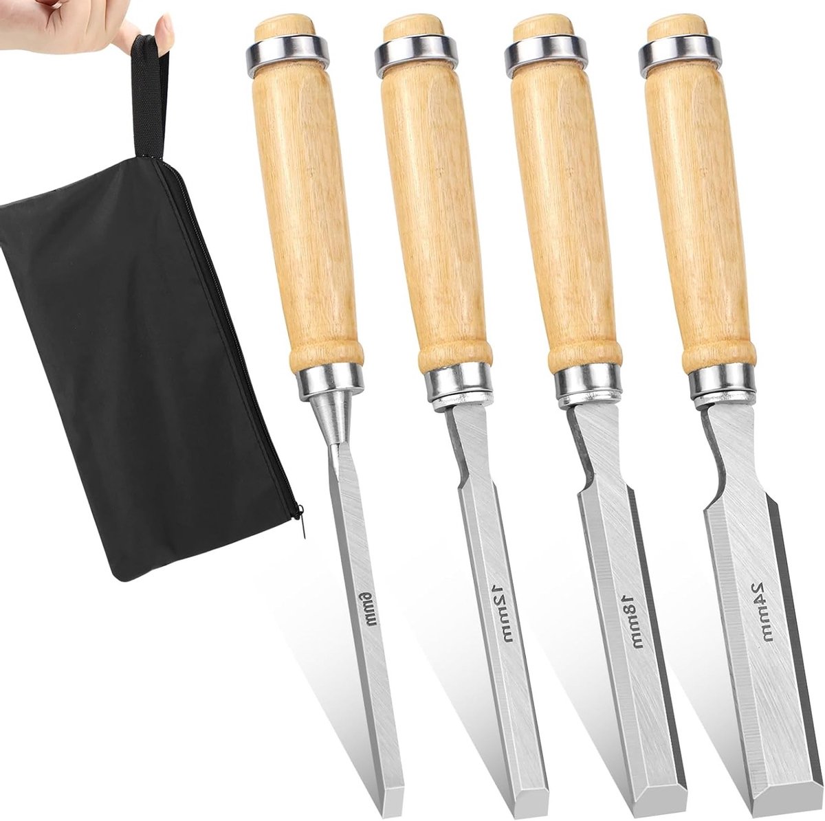 Set van 4 Houten Beitels met Ergonomische Handgrepen en Slagkap, 6-24 mm, Ideaal voor Houtbewerking en Klussen