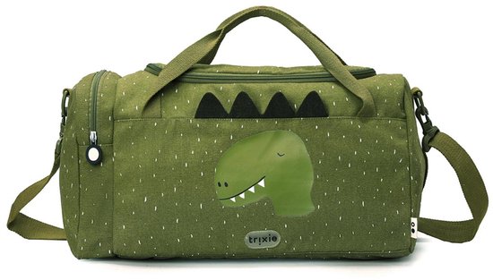 Sac de sport vert avec imprimé dinosaure, poignées et bandoulière amovible. Imprimé de pois blancs.