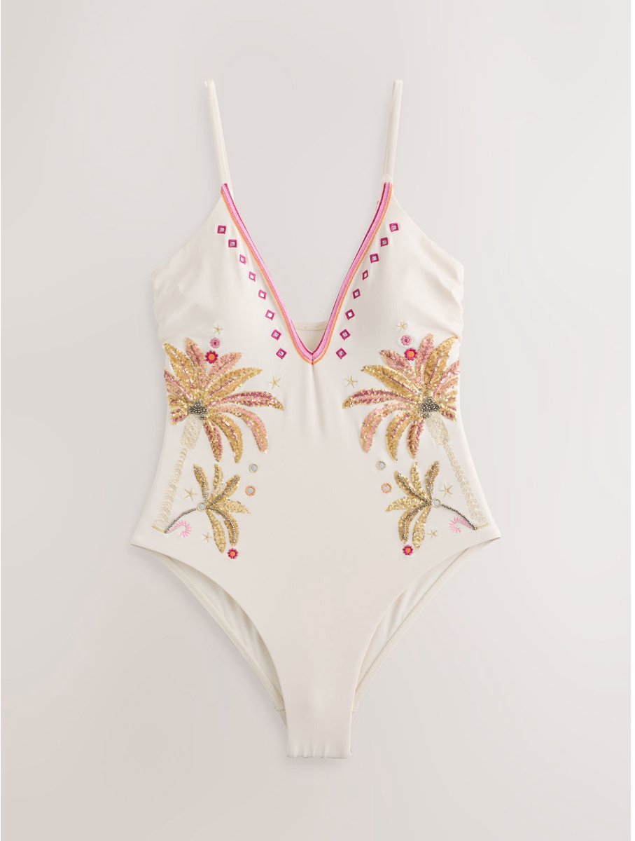 Next Dames - Badpak met diepe halslijn, versierd met pailletten en buikcorrigerende pasvorm - Crème Cream/Pink