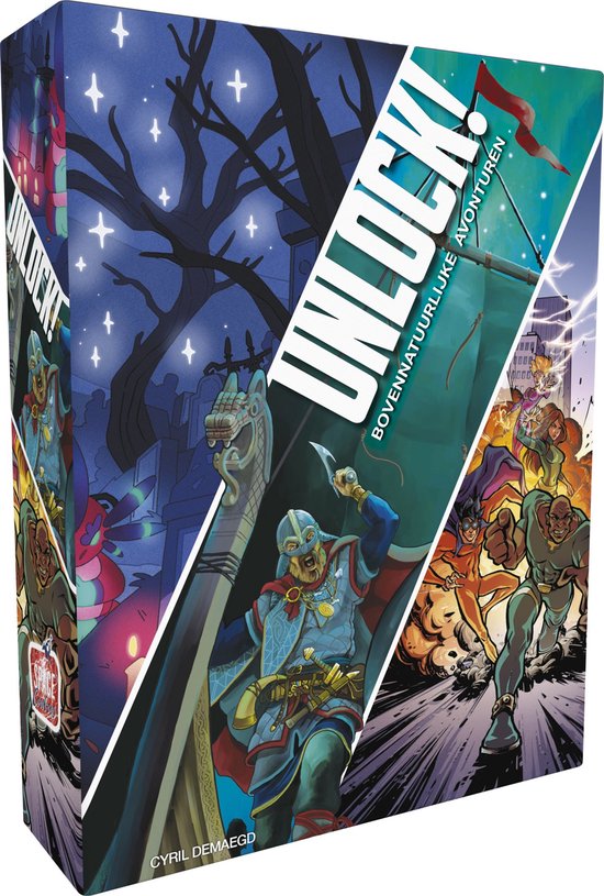 Doos met illustraties van 'Unlock! Bovennatuurlijke Avonturen', met een Viking, een draak en helden.