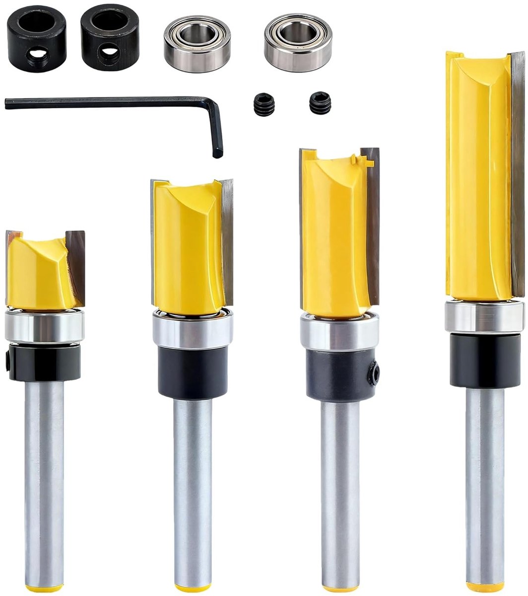 Set van 4 Stuks 1/4 Inch Rechte Freesbits met 2 Lagers voor Houtbewerking en Flush Trim Tools