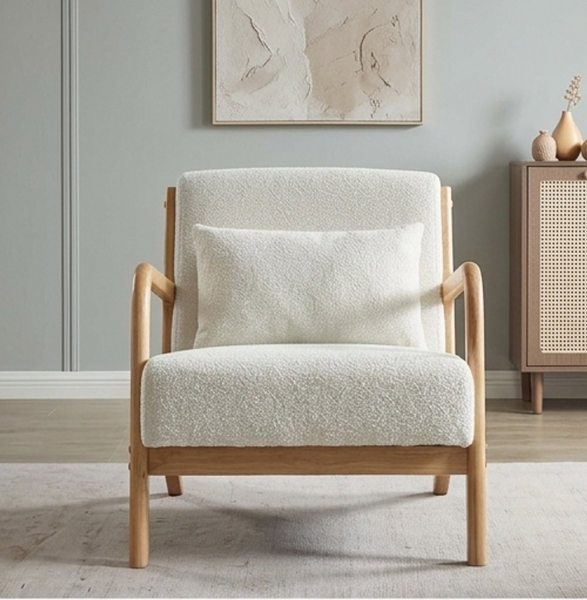 Scandinavische Vintage Lounge Armstoel met Kussen – Bouclé Stof & Houten Frame – Ergonomische Design Fauteuil – Ganeey