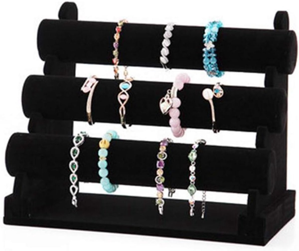 Elegante 3-laags juwelenstandaard met T-bar, ideaal voor het organiseren van armbanden, kettingen en horloges in zwart